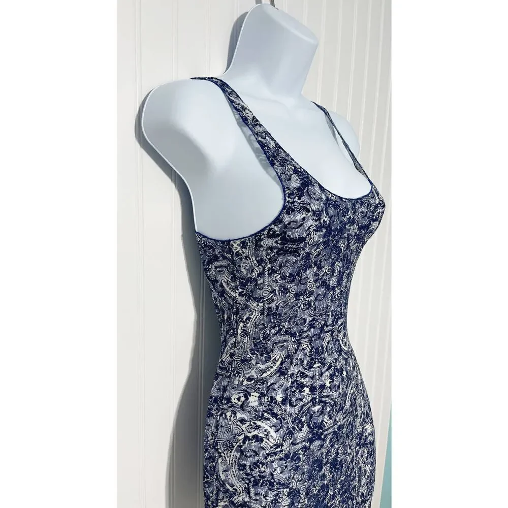 Free People Sheer Lace Printed Long Tank Top Lettuce Hem Sleeveless Blue Small‎